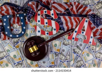 US Financial Regulation Of Arrest Of Property Economic US Sanctions With USA Flag US Dollars Banknotes Judge Gavel