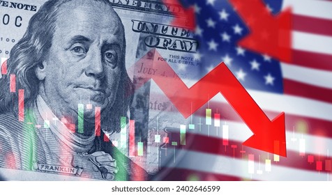 US financial system. American stock market crisis. Arrows down near US flag. Franklin with dollar bills. Monetary policy of united states. American financial market. US Investment crisis. 
 - Powered by Shutterstock