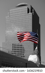 U.S. Flag At Ground Zero In Front Of A Skyscraper, New York City, New York, United States