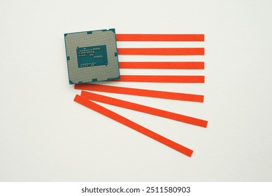 US flag made of CPU (central processing unit) crashes on white background. US vs China chip war or tech war, semiconductor industrial competition concept. US restrict and control chip export to China.