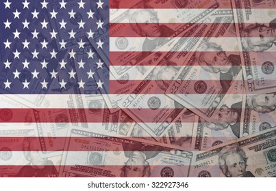 US Flag Merged With US Dollars, Double Exposure Shot Of Country Flag And Money