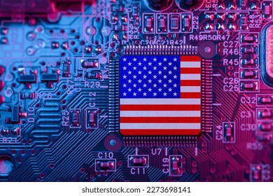 US flag on Computer Chips for Chip War Concept. USA Global chipmakers. Microchip on Motherboard with America world largest chip manufacturer and supply chain concept. - Shutterstock ID 2273698141