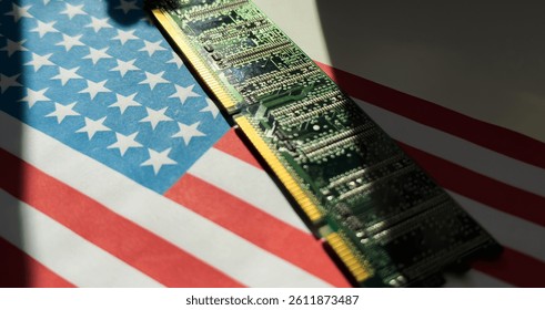 US flag on Computer Chips for Chip War Concept. USA Global chipmakers. Microchip on Motherboard with America world largest chip manufacturer and supply chain concept.