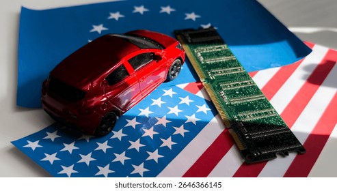 US flag on Computer Chips for Chip War Concept. USA Global chipmakers. Microchip on Motherboard with America world largest chip manufacturer and supply chain concept.