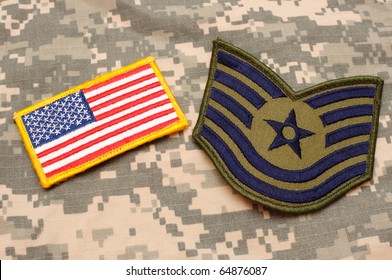 US Flag Patch And Air Force Rank Patch On ACU Background