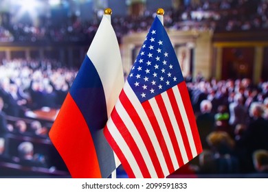 The US Flag, Russian Flag. Flag Of USA, Flag Of Russia. The United States Of America And The Russian Federation Confrontation. Russia's Invasion Of Ukraine