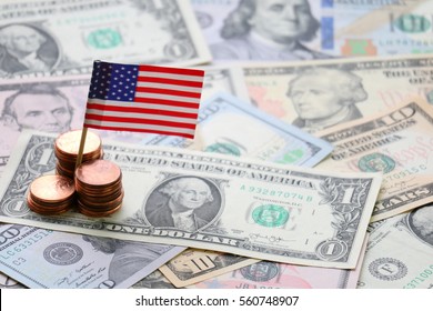 US Flag Sign And Dollar Cash Banknote And Coin Background, USA Finance And Economy Concept