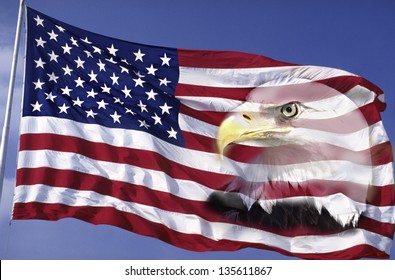 US Flag Waving In The Wind Against A Blue Sky With Bald Eagle Merged On It