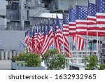 US flags flying at the USS Missouri Memorial at Pearl Harbor