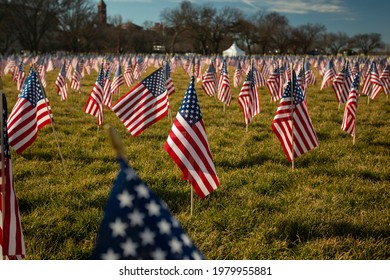 US Flags Stuck Into The Ground Of The National Mall In Washington, DC; Field Of Flags For The Inauguration Of Joe Biden On January 20, 2021