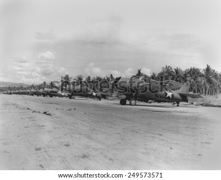 U.S. Grumman F4F Wildcat planes on the fighter strip at Henderson Field, Guadalcanal. Jan. 1943 in the Solomon Islands during World War 2.