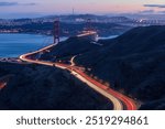 U.S. Highway Car Light Trails near the Golden Gate Bridge. Sausalito, Marin County, California, USA.