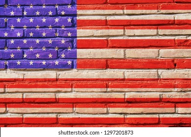 US Immigration Policy Concept: American Flag Color Toned Brick Wall