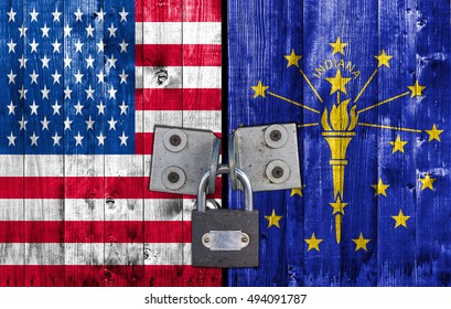 US and Indiana flag on door with padlock - Shutterstock ID 494091787