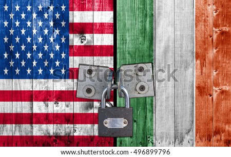 US and Ireland flag on door with padlock
