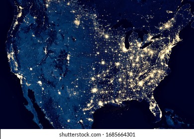 US map in on global satellite photo, view of city lights in United States from space. USA terrain on dark Earth, North America at night in world. Elements of this image furnished by NASA.
