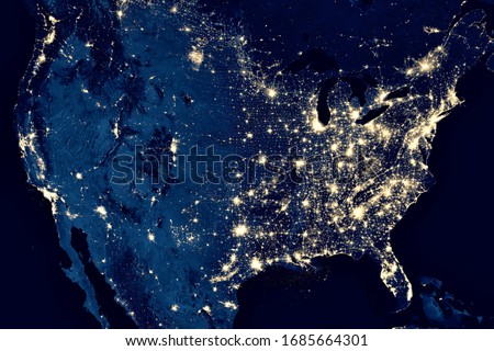 US map in on global satellite picture, view of city lights in United States from space. USA terrain in dark Earth photo, North America at night in world. Elements of this image furnished by NASA.