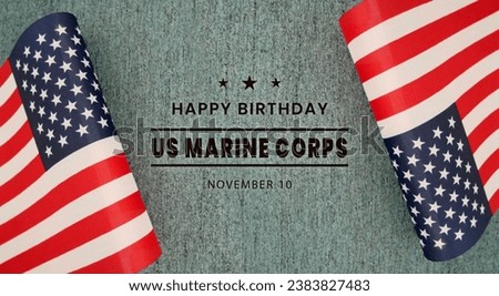 US Marine Corps Birthday greeting card on November 10 with American flag background. Retro style.
