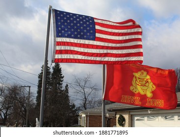 US Marine Corps Devil Dogs Flag With US Flag Outside A Home In Des Plaines, Illinois