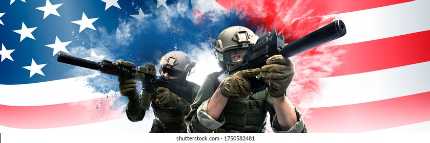 US Marine Corps Soldiers With Weapons. Shot In Studio. Red And Blue Explosion And Flag Of USA On Background. (panoramic Image, Poster Design)