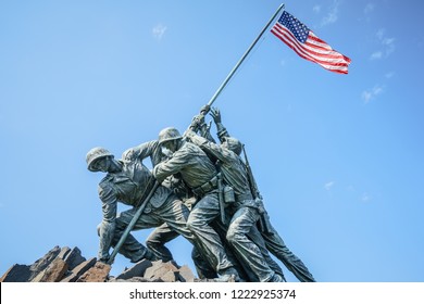 US Marine Corps War Memorial in Washington DC, USA - 16 October, 2016: Statue of soldiers putting flag