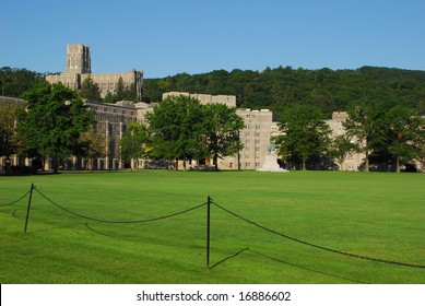 US Military Academy, West Point. The Plain,. Washington Hall And The Cadet Chapel On The Hill