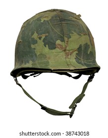 A US Military Helmet With An M1 Mitchell Pattern Camouflage Cover From The Vietnam War.