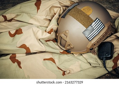 US Military Helmet On Wooden Background Close Up