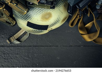 US Military Helmet On Wooden Background Close Up