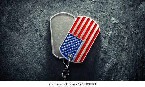 US Military Soldier's Dog Tags, Rough And Worn With Blank Space For Text, And In The Shape Of The American Flag. Memorial Day For Veterans Day Concept.