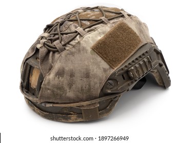 Us Military Tactical Helmet Velcro For Chevron, Case And Straps Picatinny Equipment. Photo Isolated On A White Background. The Concept Of Weapons For Airsoft And Urban Protests.