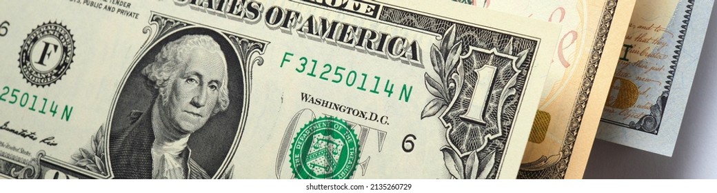 U.S. Money Banknotes Of 1, 10 And 100 Dollars. Banner Or Headline About The American Dollar Or Economy. Public Finance And Taxation. Macro