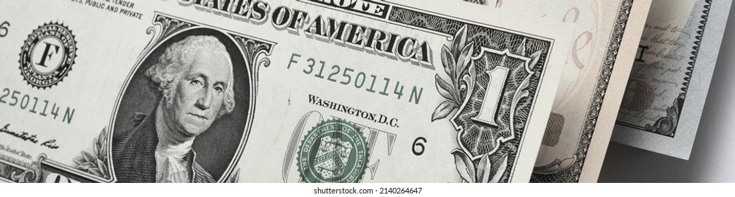 US Money Banknotes Of 1, 10 And 100 Dollars. Banner Or Headline About The American Dollar Or Economy. Pale Almost Black And White Header. Public Finance And Taxes. Macro