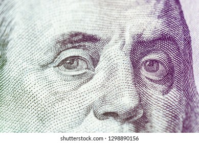 Us National Currency Hundred Dollars Close Up. Horizontal Frame