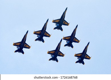 The US Navy Blue Angels Perform A Fly Over In Miami, Florida, USA, 08 May 2020. The Blue Angels Flew Over South Florida In A Salute To Healthcare Workers And First Responders Of The COVID-19 Crisis.