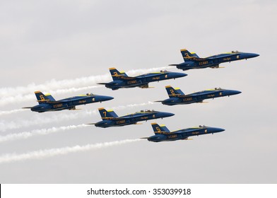 US NAVY BLUE ANGELS IN TRAINING AT PENSACOLA FLORIDA - CIRCA 2013 - The Blue Angels flight demonstration sqaudron in a training flight at NAS Pensacola Florida USA