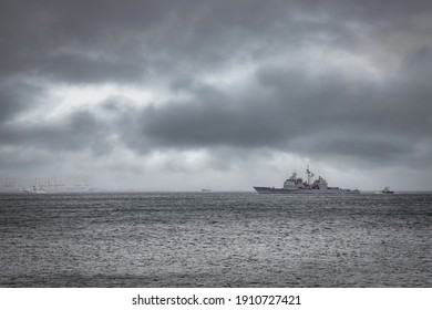 A US Navy Destroyer Arrives At The Harbor In Yokosuka, Japan From Tokyo Bay.