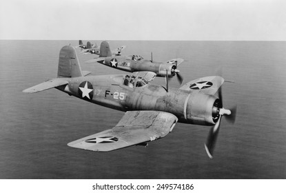 U.S. Navy F4Us, Corsairs, in flight over South Pacific in 1943, during World War 2.