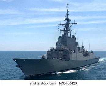 US navy NATO ship sailing at sea during nato war exercises