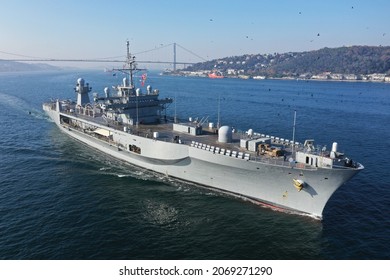 US navy sixt fleet warship transits Istanbul Strait towards the Black Sea in Turkey