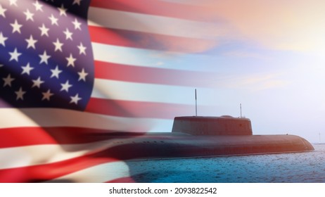 US Navy. A Submarine And An American Flag. A Nuclear Submarine At Sea Or In The Ocean. Protection Of Maritime Borders. The American Army. The Armed Forces Of The United States Of America.