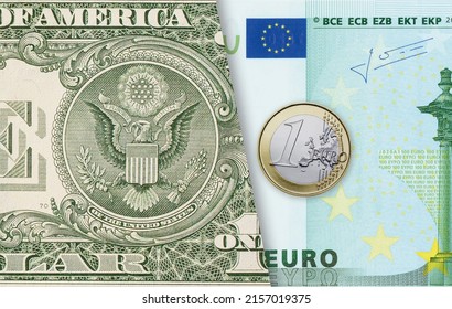 US one dollar bill cut together with cut Euro bill and a one Euro coin. Dollar Euro exchange rate concept. - Shutterstock ID 2157019375