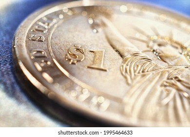 US One Dollar Coin Close-up. Bright Expressive Illustration About American Money, Banking, Public Finance And Debt Market. USA Economy News. Macro