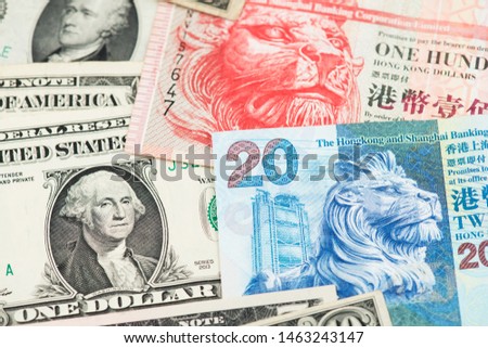 US One Dollar and Hong Kong Dollar banknotes. USD HKD Dollar Money Banknotes 