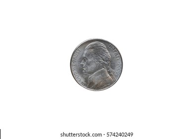 US one nickel coin (five cents) year 2000 isolated on white background, obverse and reverse