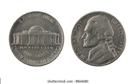 US one nickel coin (five cents) isolated on white – obverse and reverse