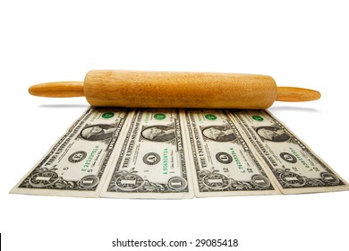 US paper currency with a rolling pin isolated over white