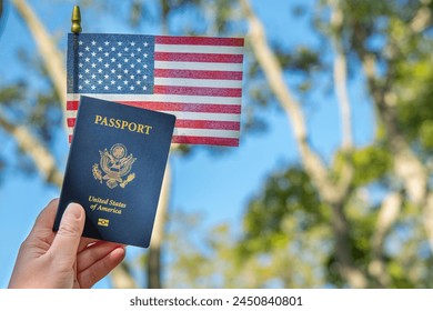 US Passport. Citizen, citizenship. United States of America. Get id chip Passport after Green Card US Permanent resident. Identity documents. Immigration. Embassy USA. Passport for Visa. American flag - Powered by Shutterstock