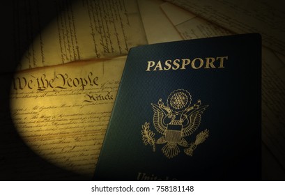 US Passport On Pages Of The United States Constitution                             