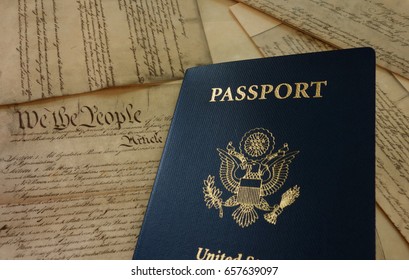 US Passport On Replica Pages Of The United States Constitution                             